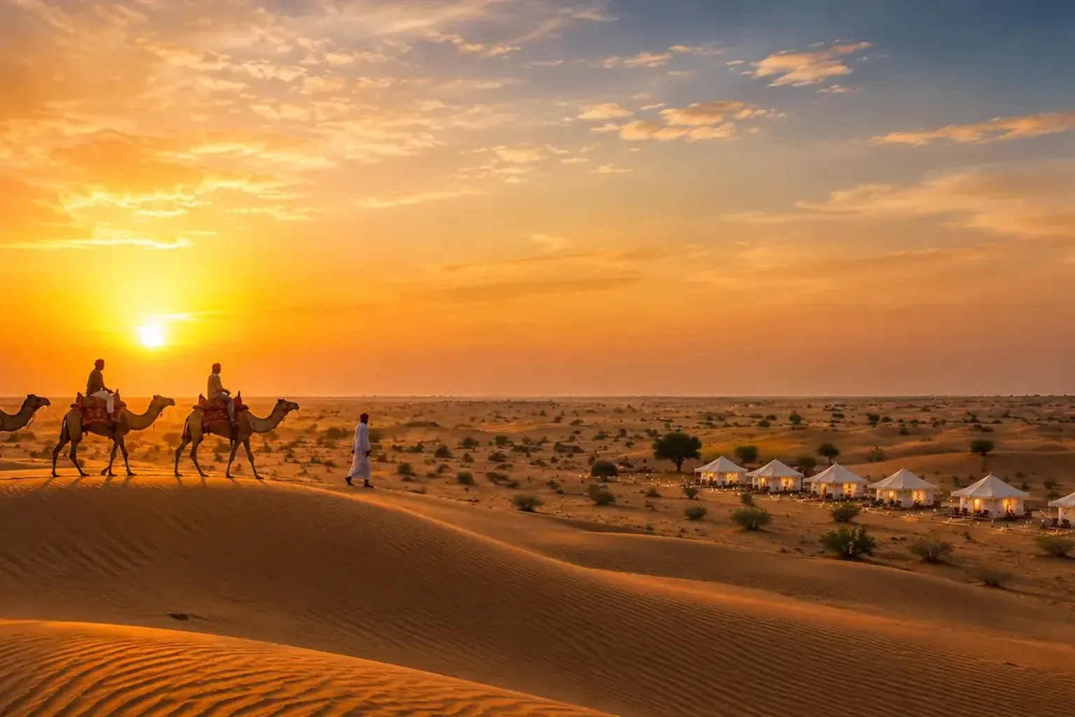 Golden Thar Desert dunes at sunrise in Rajasthan