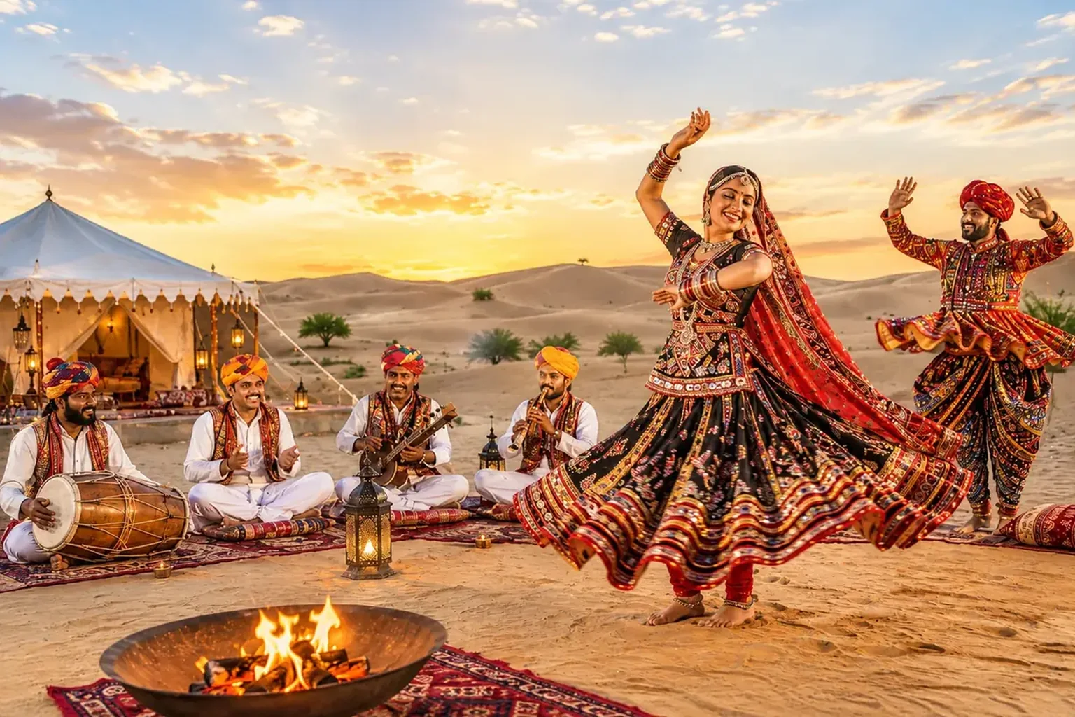Traditional Rajasthani folk performance in a desert setting.