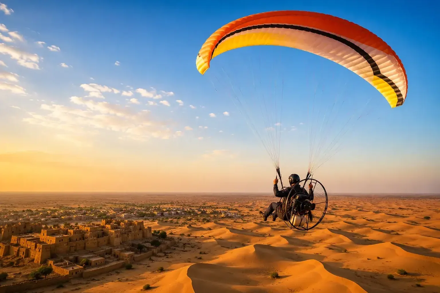 Paramotoring experience over desert landscapes in Rajasthan