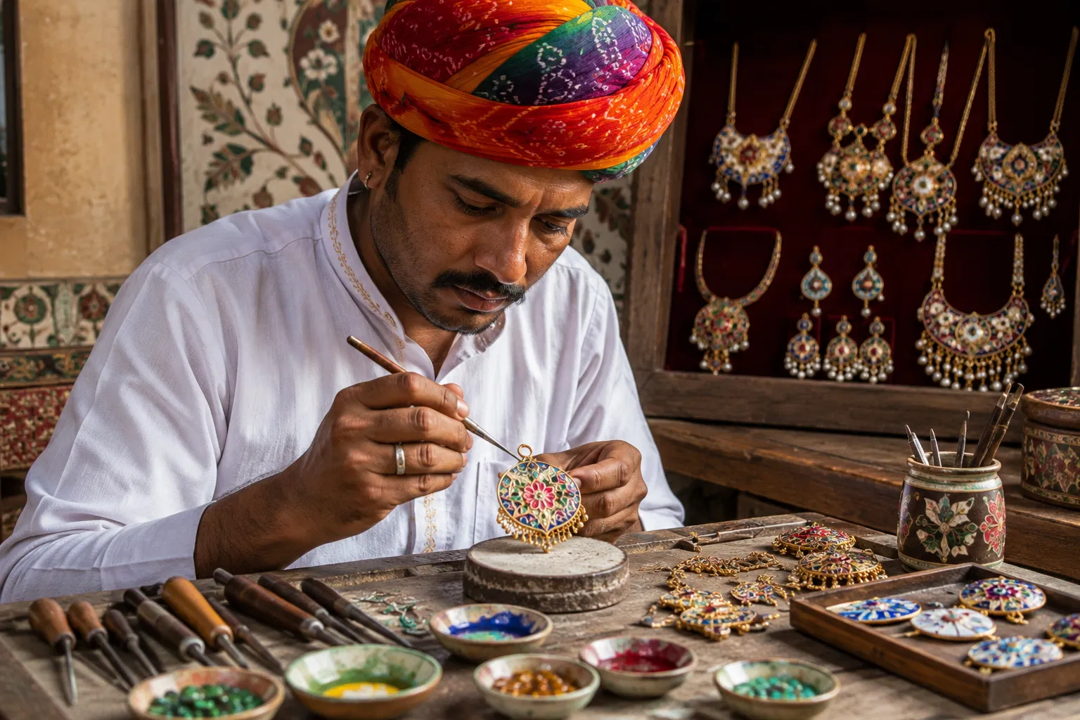 Traditional Meenakari jewellery craftsmanship in Rajasthan