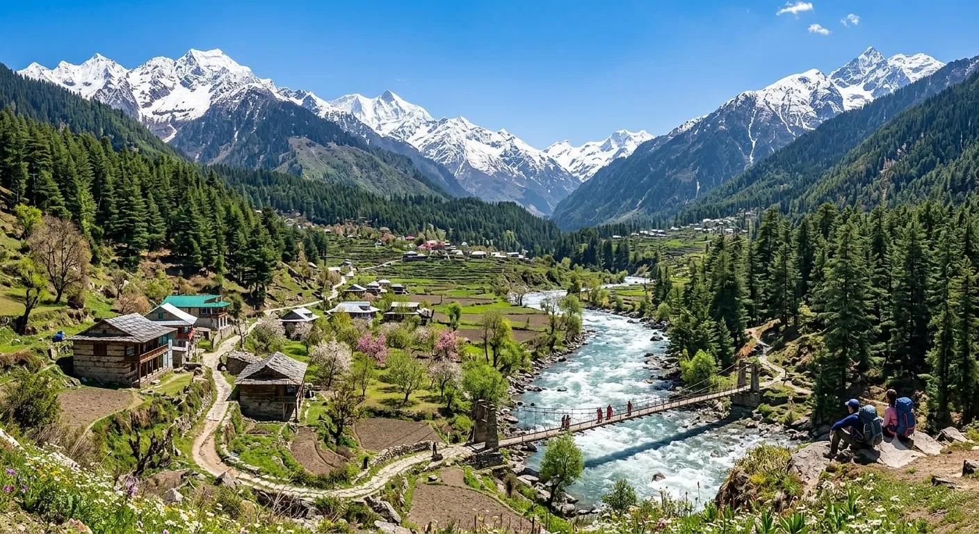 Scenic Manali valley with Himalayan mountains and river