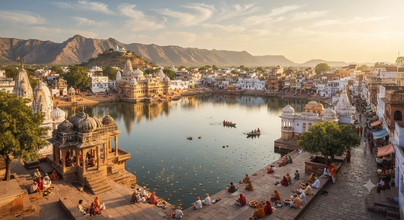 Sacred Pushkar Lake and temples in Rajasthan